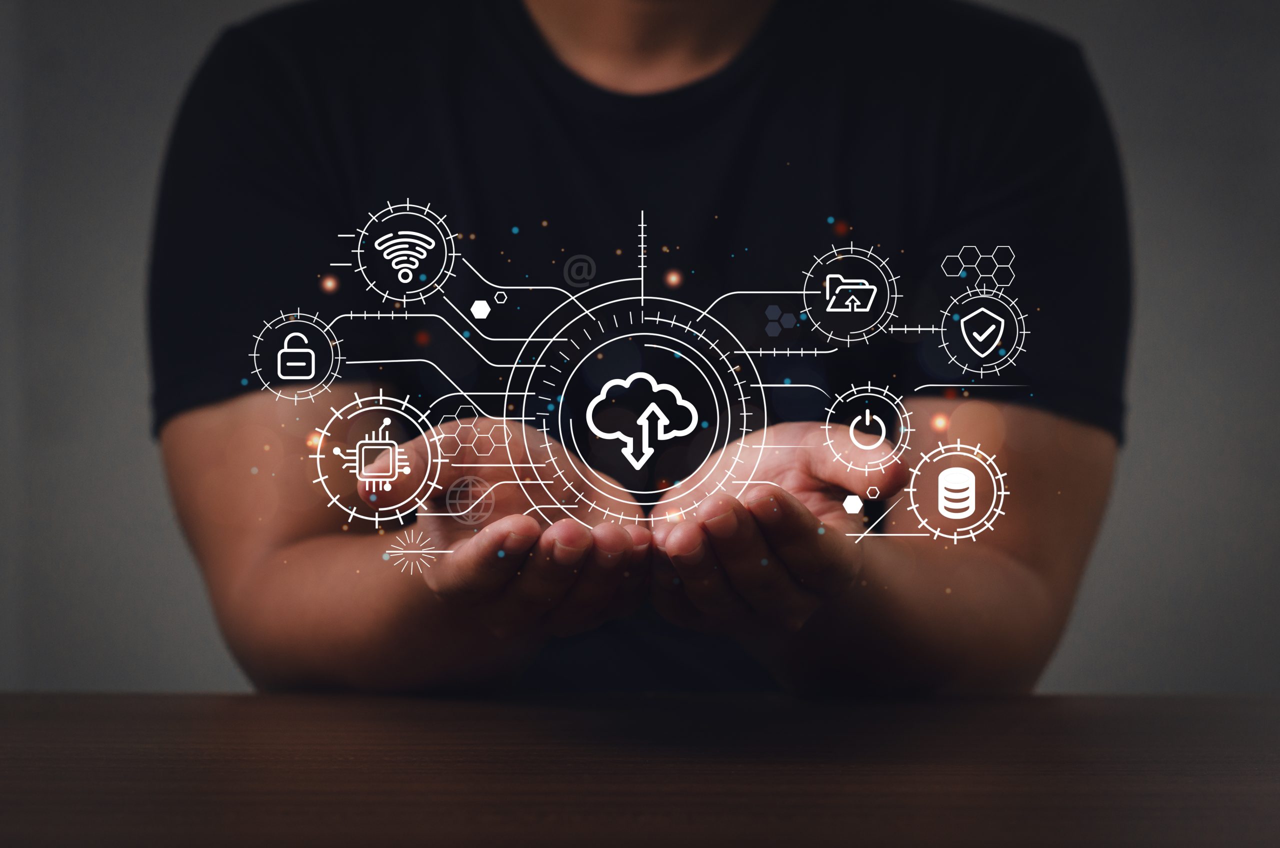IT technology and support concept vector illustration with digital network related icons. Hands out with chart and graph icons on digital screen interface and business man in background.